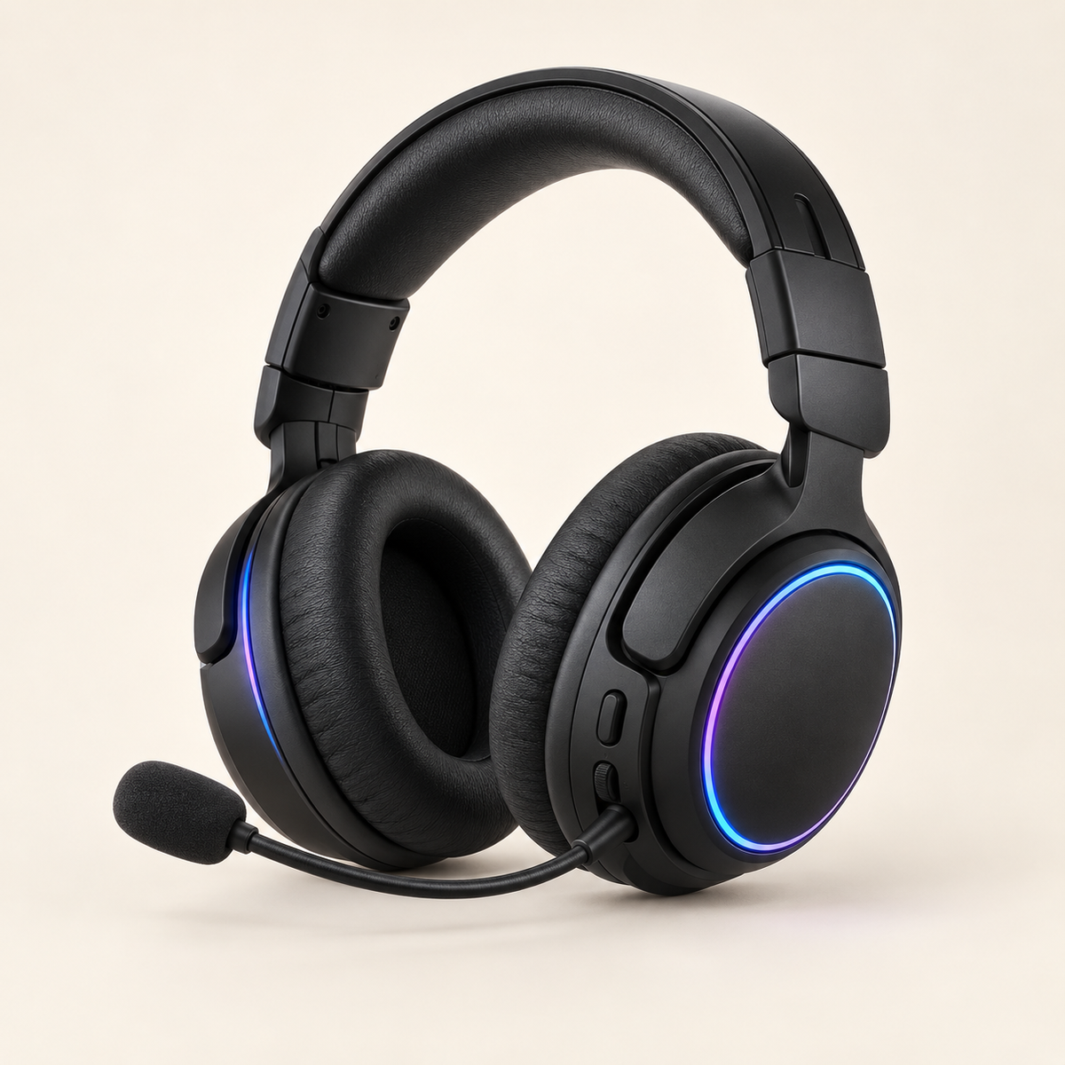 Black foldable over-ear gaming headset with boom microphone and RGB lighting