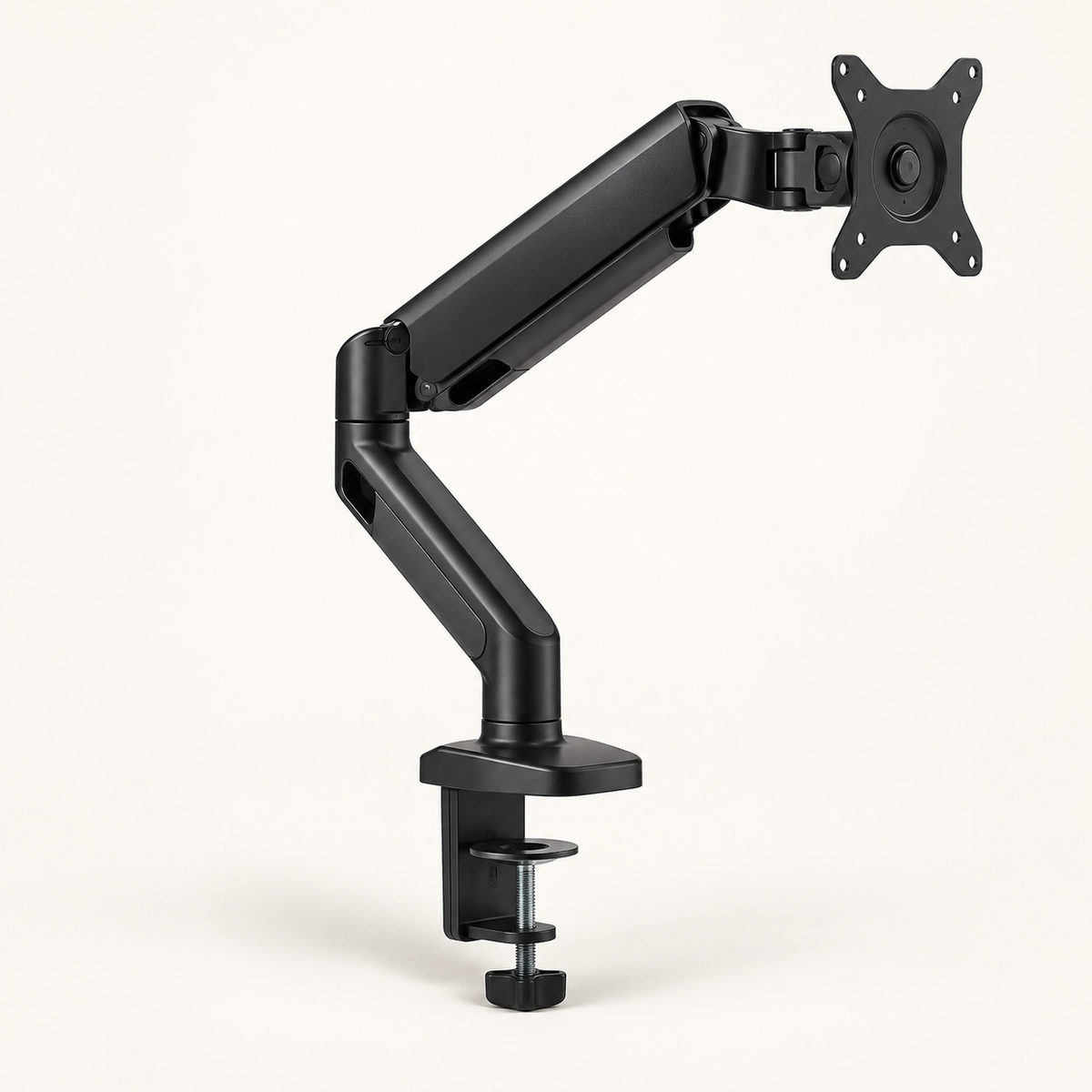 Black gas-spring single monitor arm with desk clamp and VESA plate