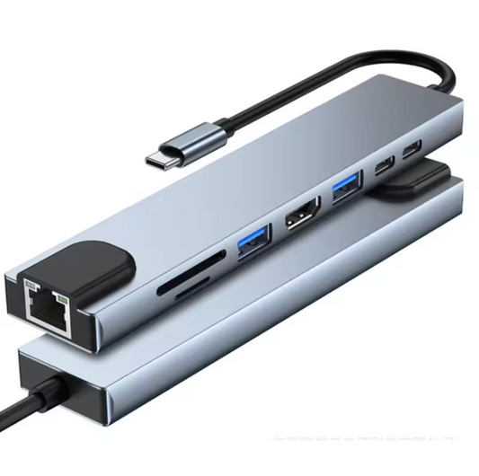 8-in-1 aluminum USB-C hub with HDMI, Ethernet, USB, PD and card-reader ports
