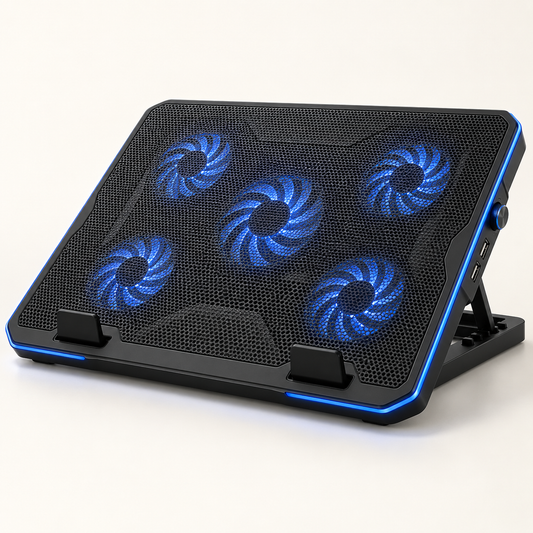 Adjustable black laptop cooling pad with five blue illuminated fans