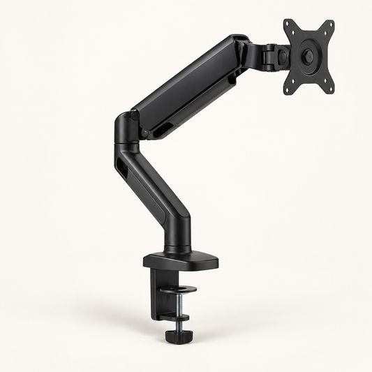 Black gas-spring single monitor arm with desk clamp and VESA plate