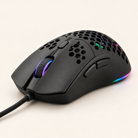 Matte black lightweight honeycomb wired gaming mouse with RGB lighting