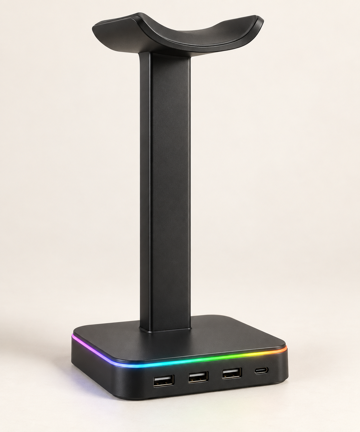 Black RGB headset stand with three USB-A ports and one USB-C port