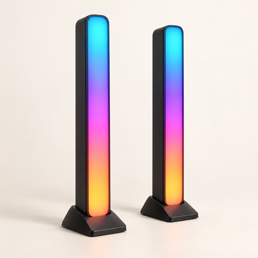 Pair of slim black RGB gaming light bars on desk stands
