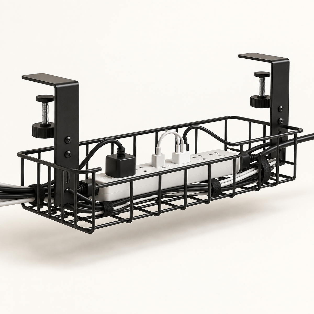 Black steel under-desk cable tray organizing a power strip and cables